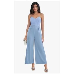 Wdirara Dusty Blue Lace Jumpsuit Pants Romper Size Medium Wide Leg NWT